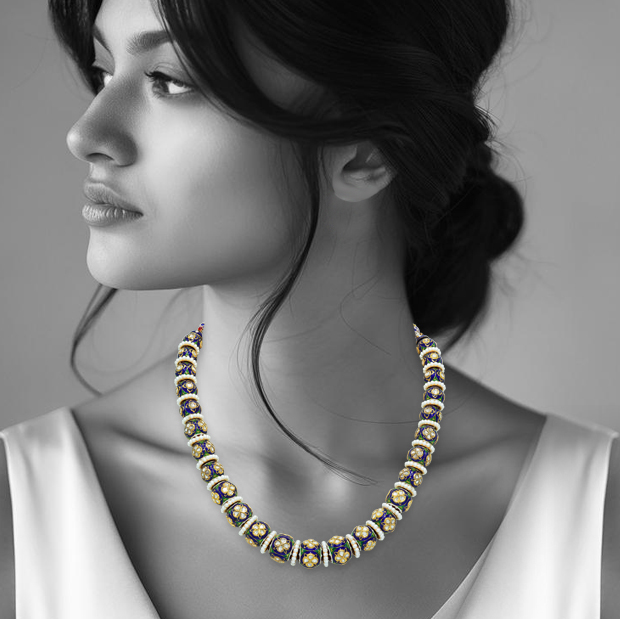 Gold Beads Necklace with Blue-Green Meenakari, Polki, and Pearls